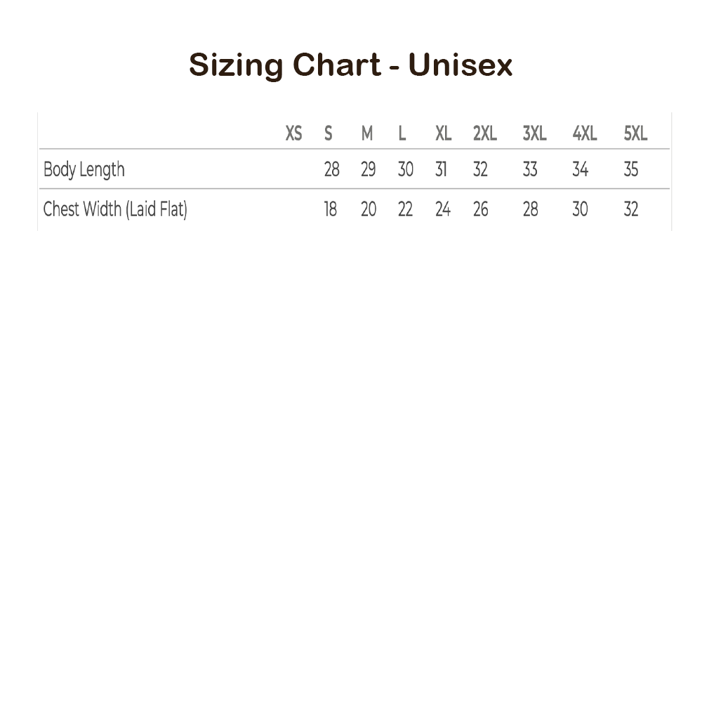 Sizing chart for unisex clothing with body length and chest width measurements.