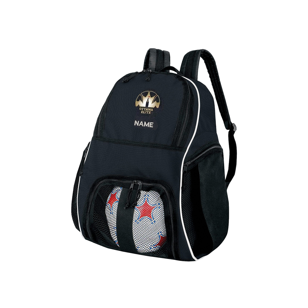 Black backpack with a soccer ball compartment on a white background