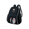 Black backpack with a soccer ball compartment on a white background