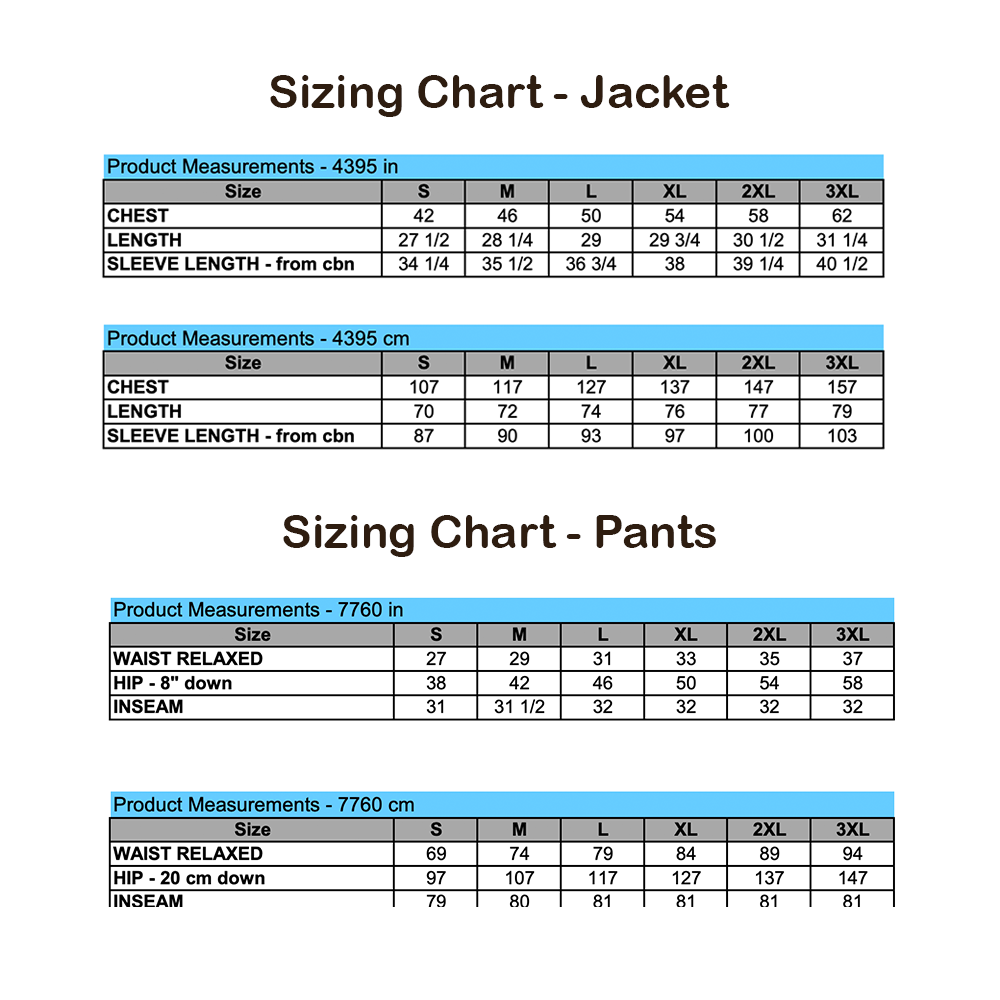 Sizing chart for jackets and pants with measurements in inches and centimeters.