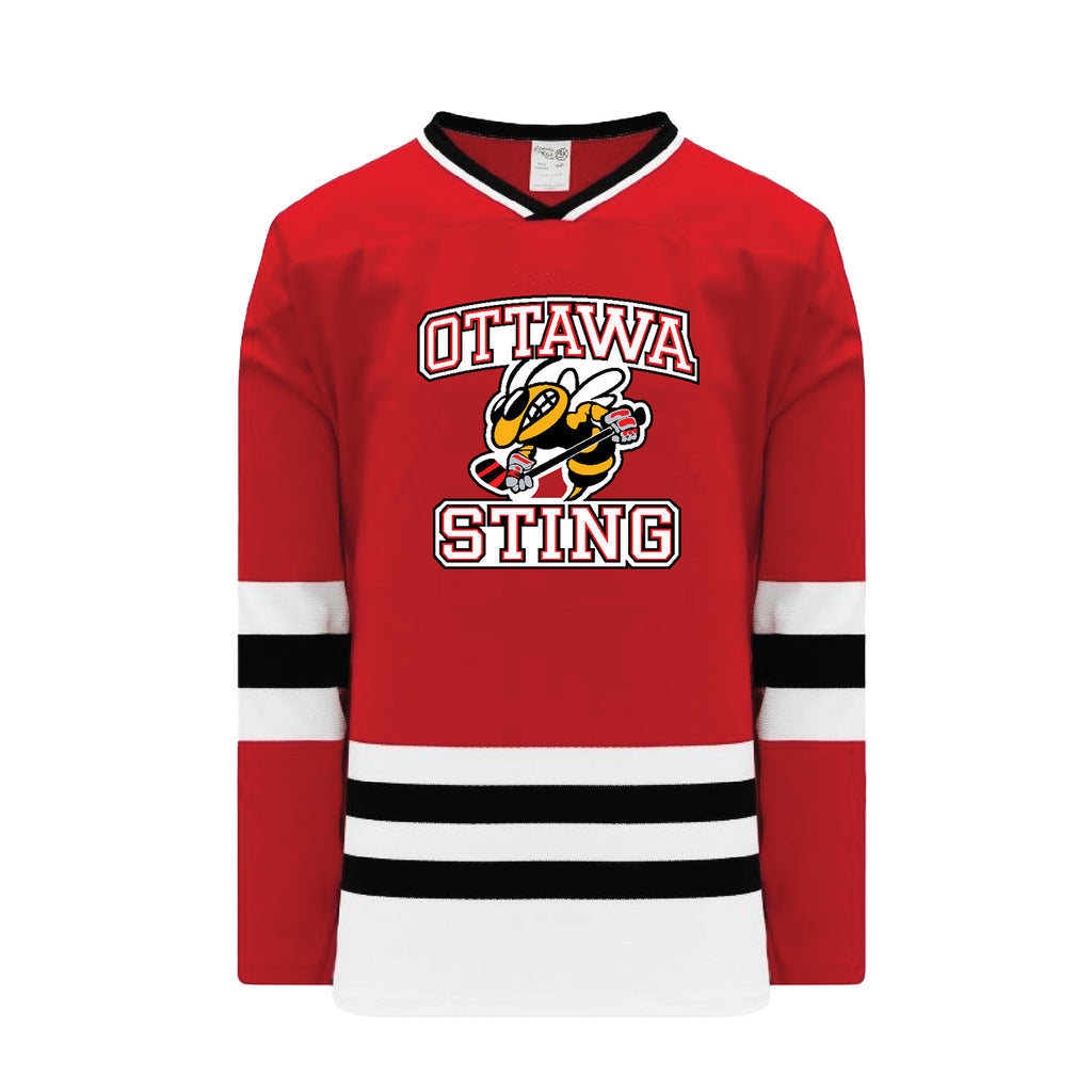 Red hockey jersey with the 'OTTAWA STING' logo, a bee design, and striped details on the sleeves and hem.