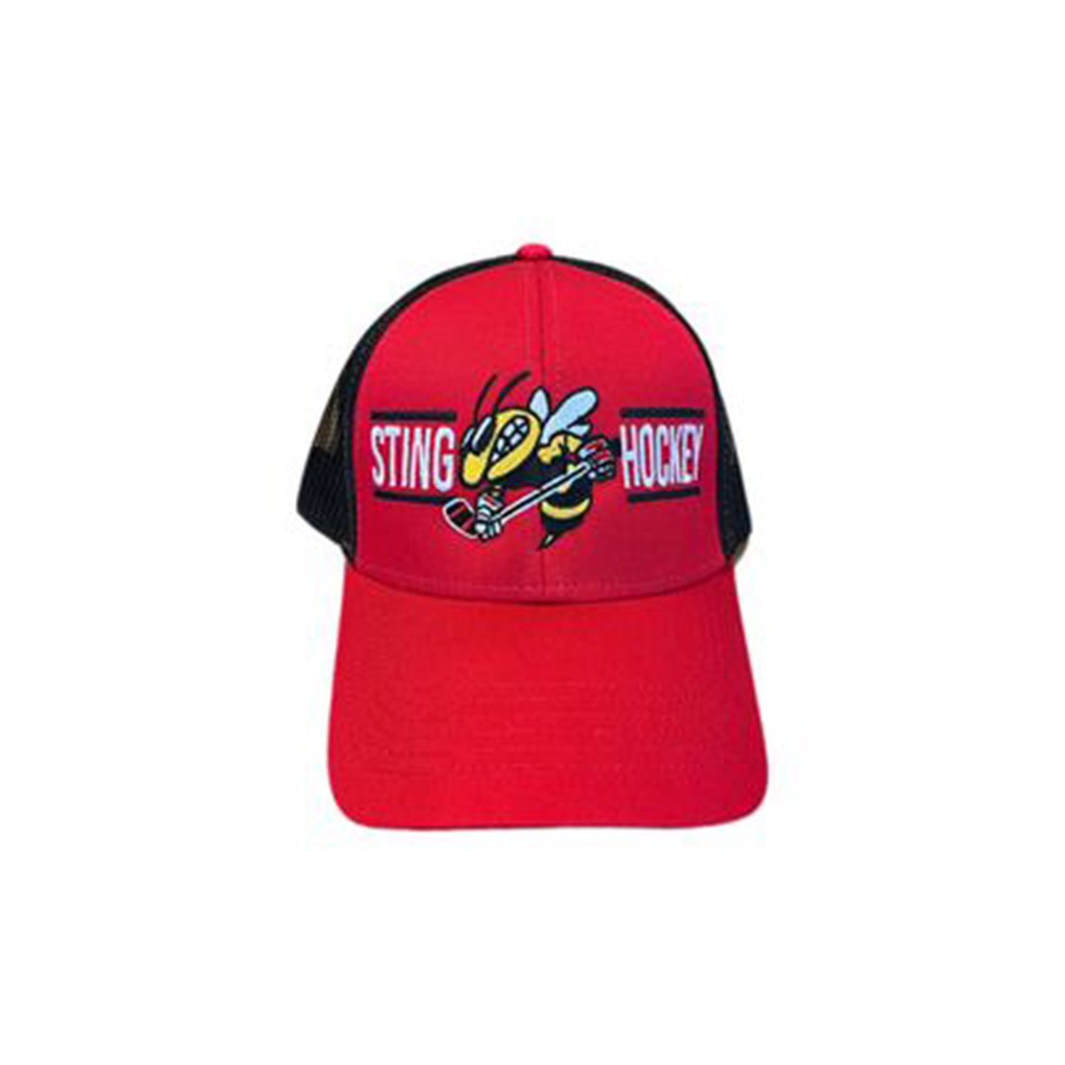 A red and black snap back hat with 'STING HOCKEY' embroidered on the front.