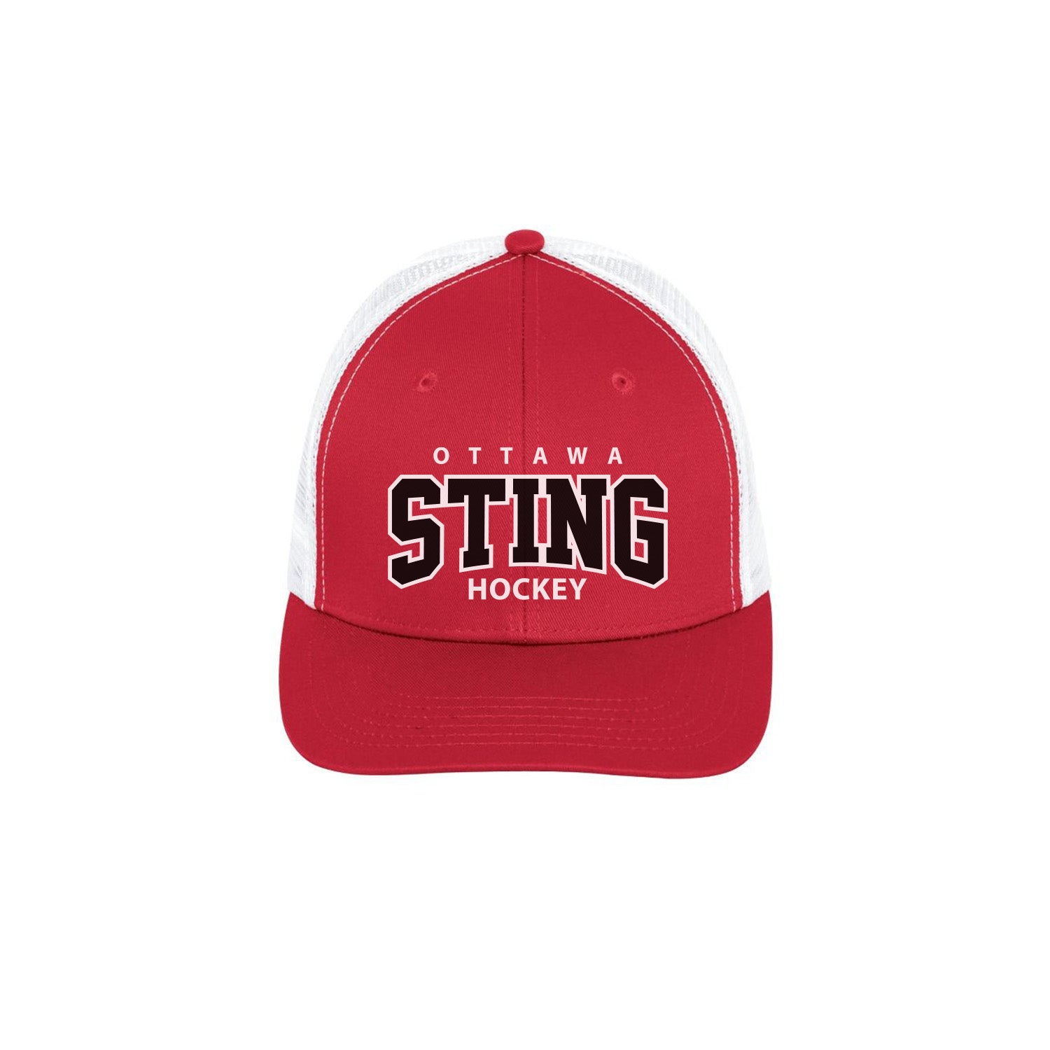 A red and white mesh back hat with the Ottawa Sting Hockey logo embroidered on the front.