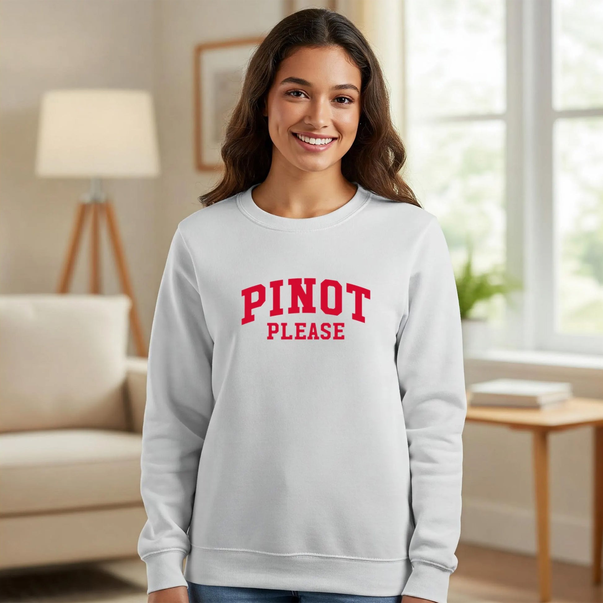 PINOT PLEASE Collegiate Sweatshirt - Wine Lover Crewneck - white