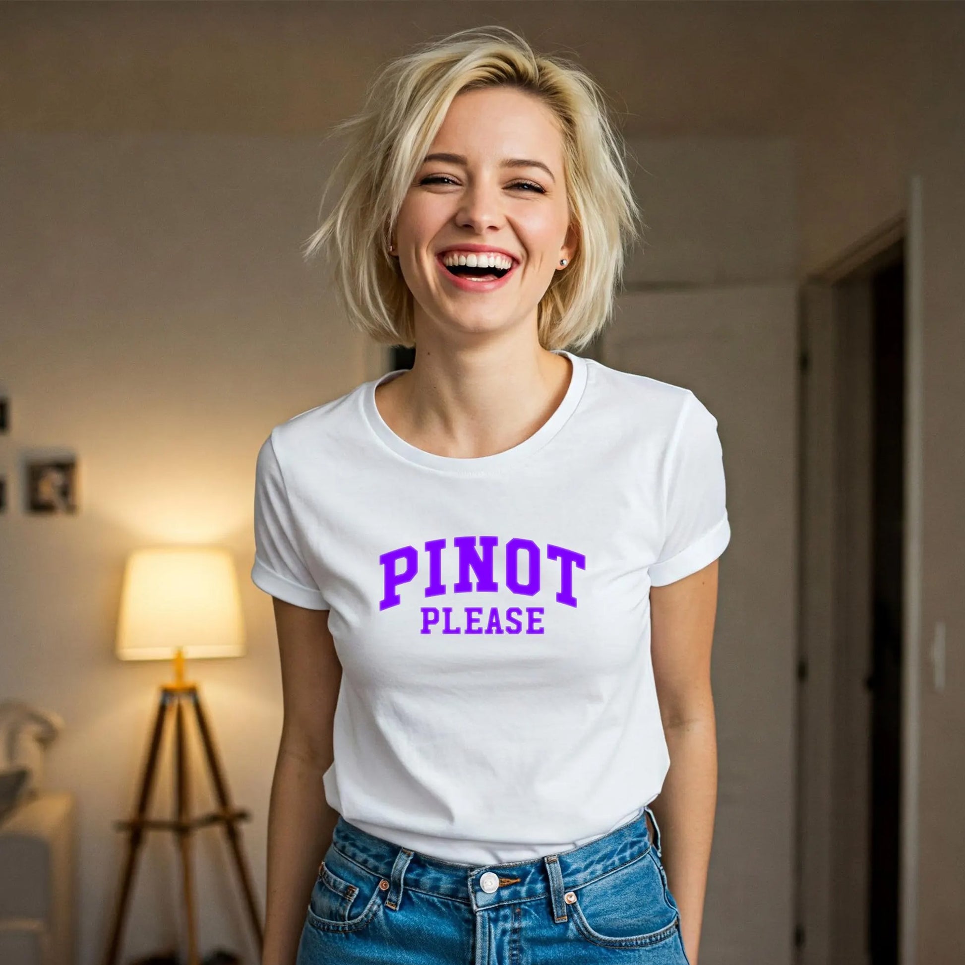 PINOT PLEASE Collegiate Sweatshirt - Wine Lover Tee (Women's) - white