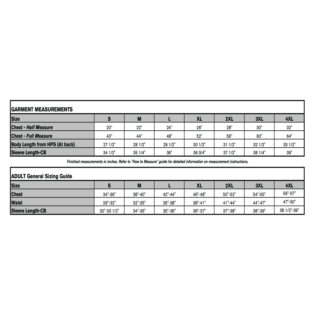 Cotton Hoodie sizing chart