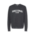A gray crewneck sweatshirt with 'PRINCE EDWARD ISLAND' printed in white on the front.
