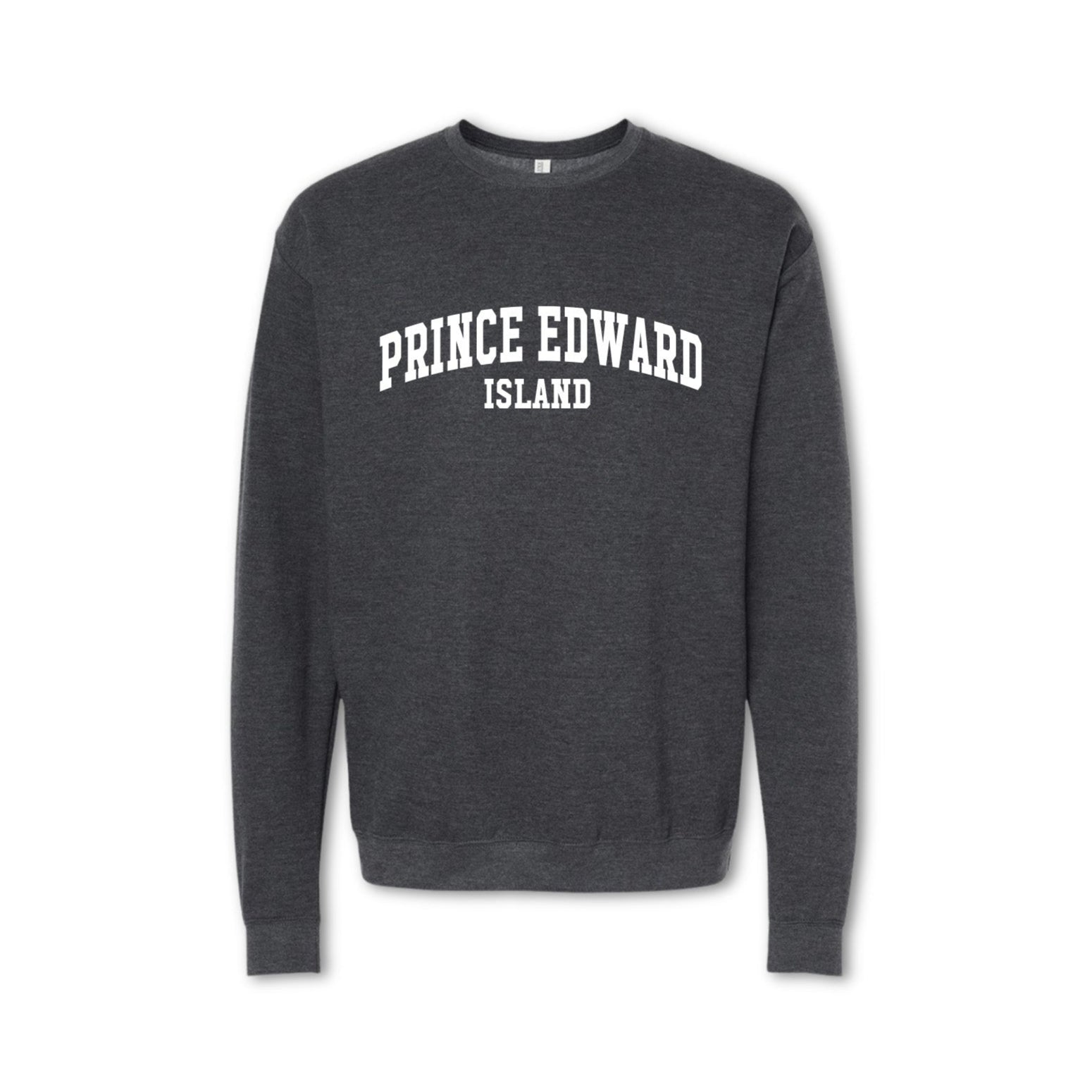 A gray crewneck sweatshirt with 'PRINCE EDWARD ISLAND' printed in white on the front.