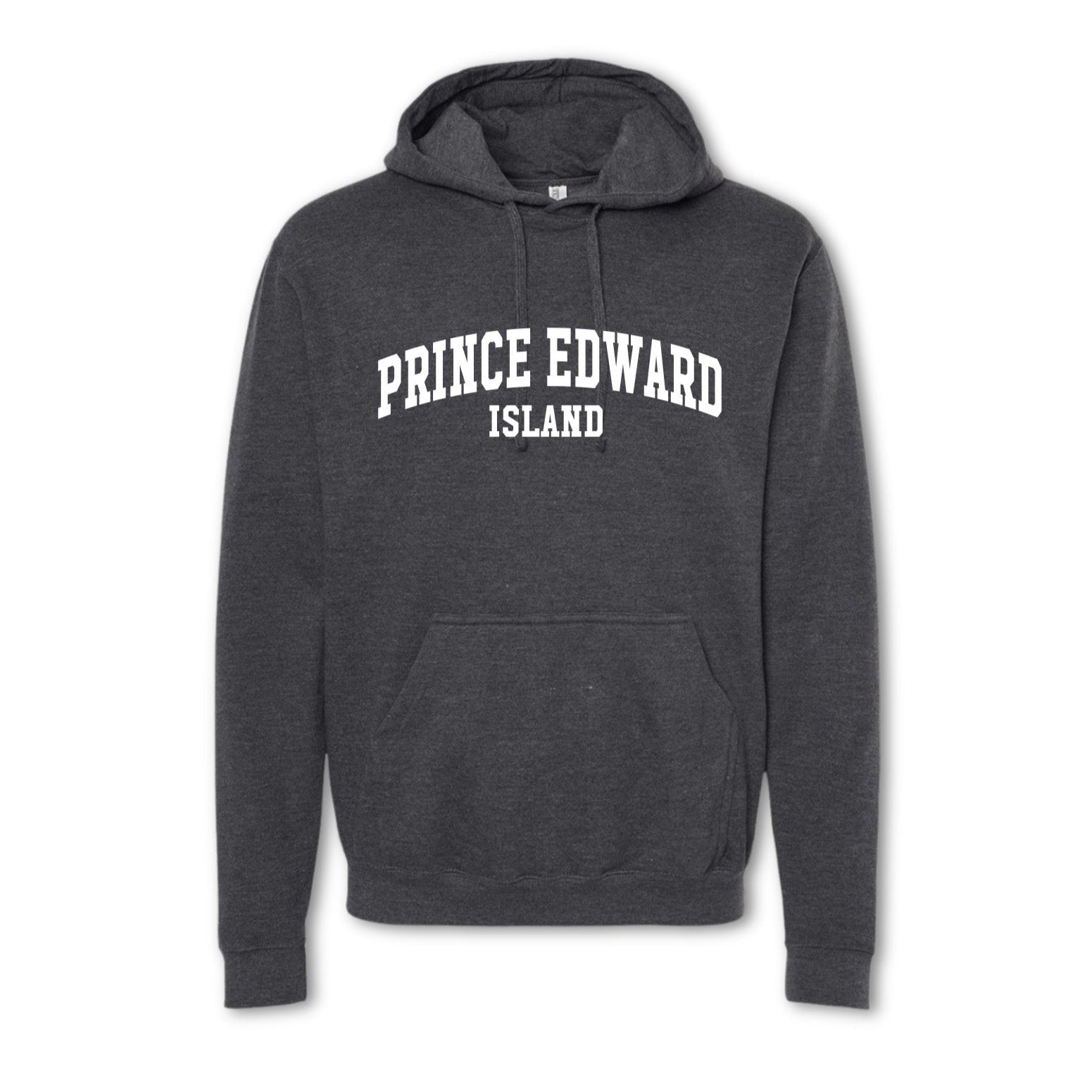 A gray crewneck sweatshirt with 'PRINCE EDWARD ISLAND' printed in white on the front.