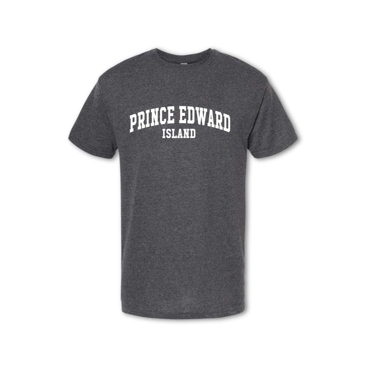 A grey t-shirt with 'PRINCE EDWARD ISLAND' printed in white text on the chest.