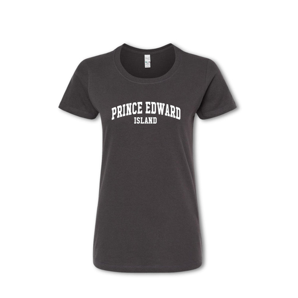 A grey t-shirt with 'PRINCE EDWARD ISLAND' printed in white text on the chest.