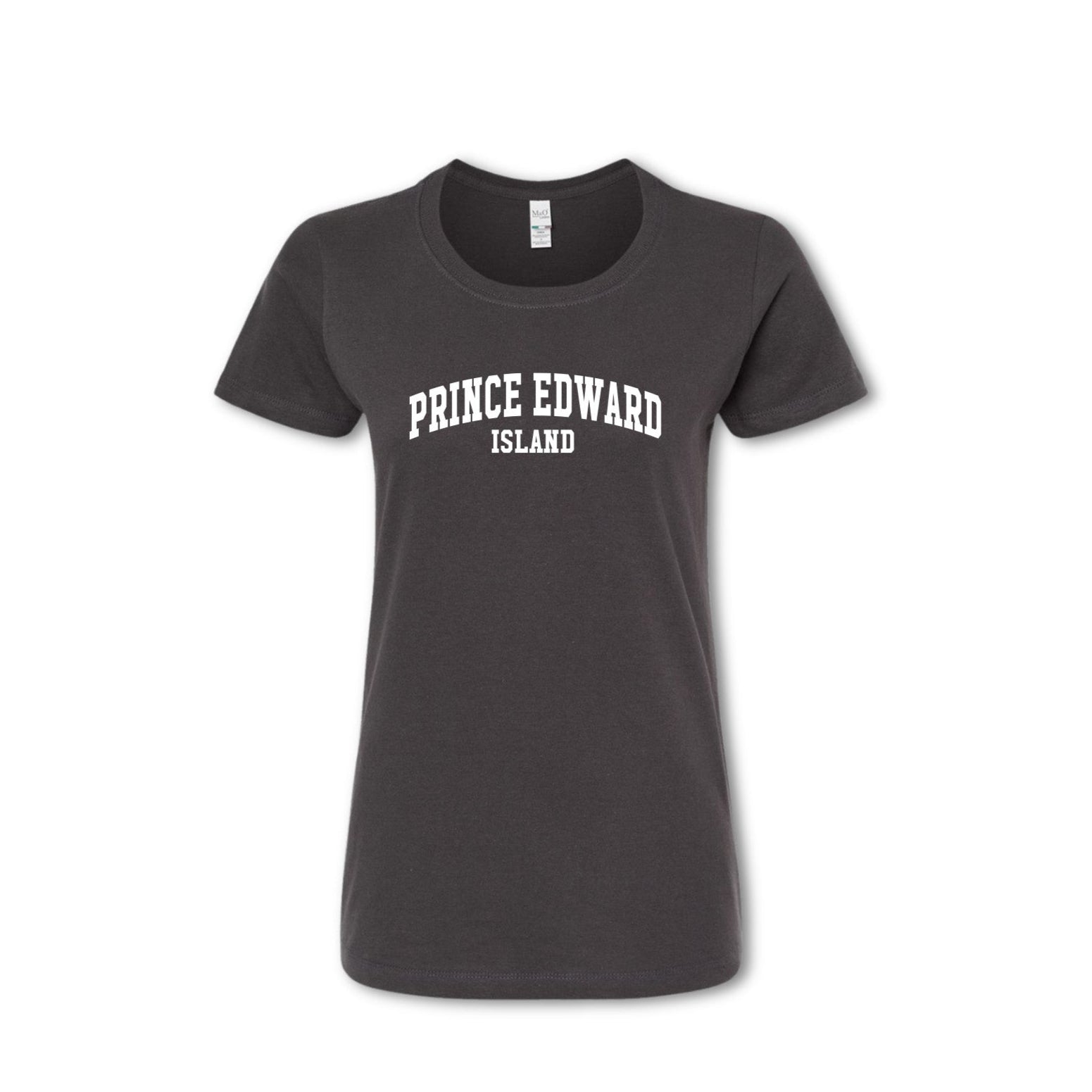 A grey t-shirt with 'PRINCE EDWARD ISLAND' printed in white text on the chest.