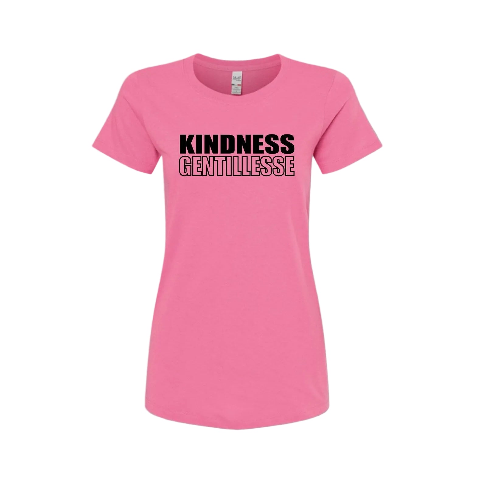 Pink t-shirt with 'Kindness Gentillesse' text on a white background