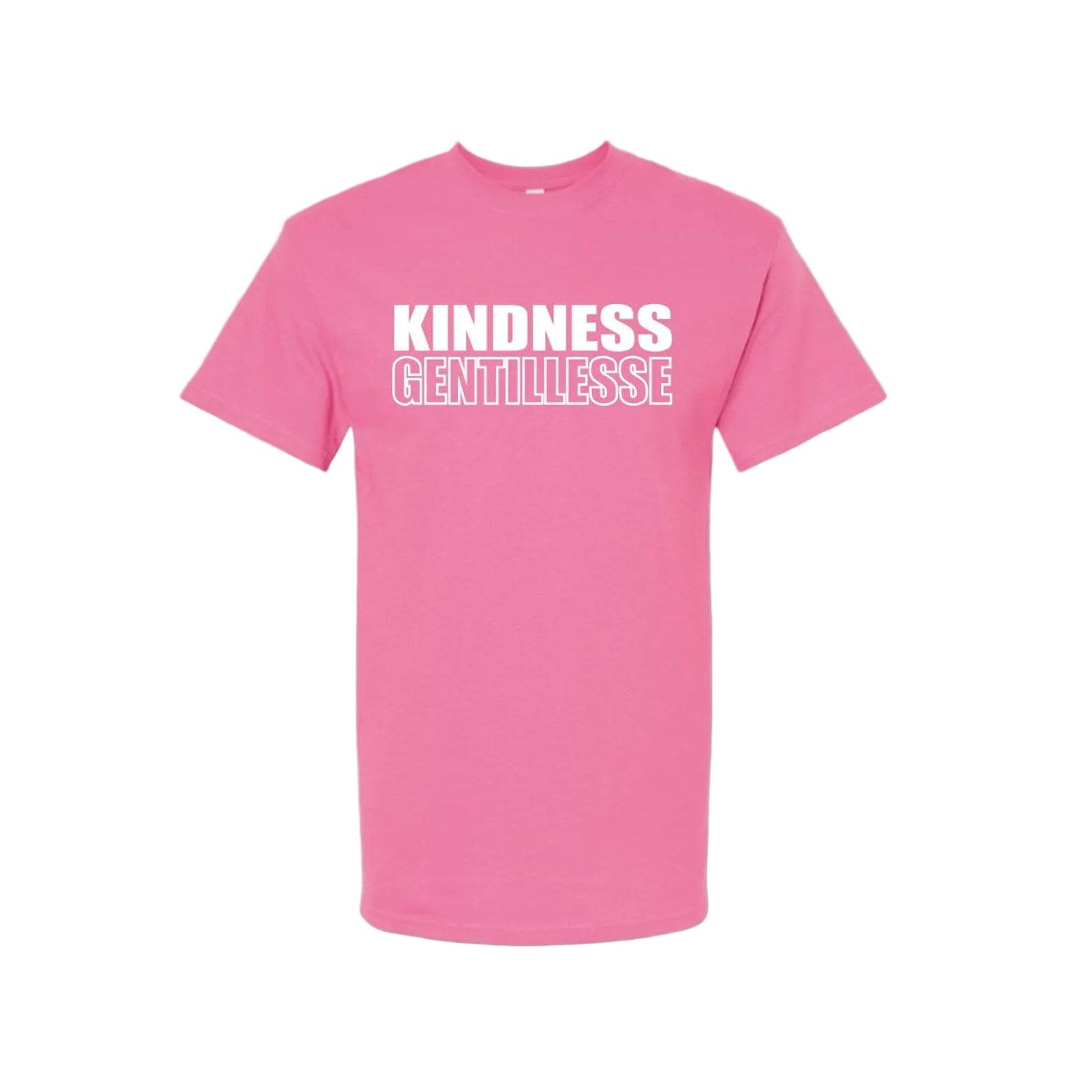 Pink t-shirt with 'KINDNESS GENTILLESSE' text on a white background