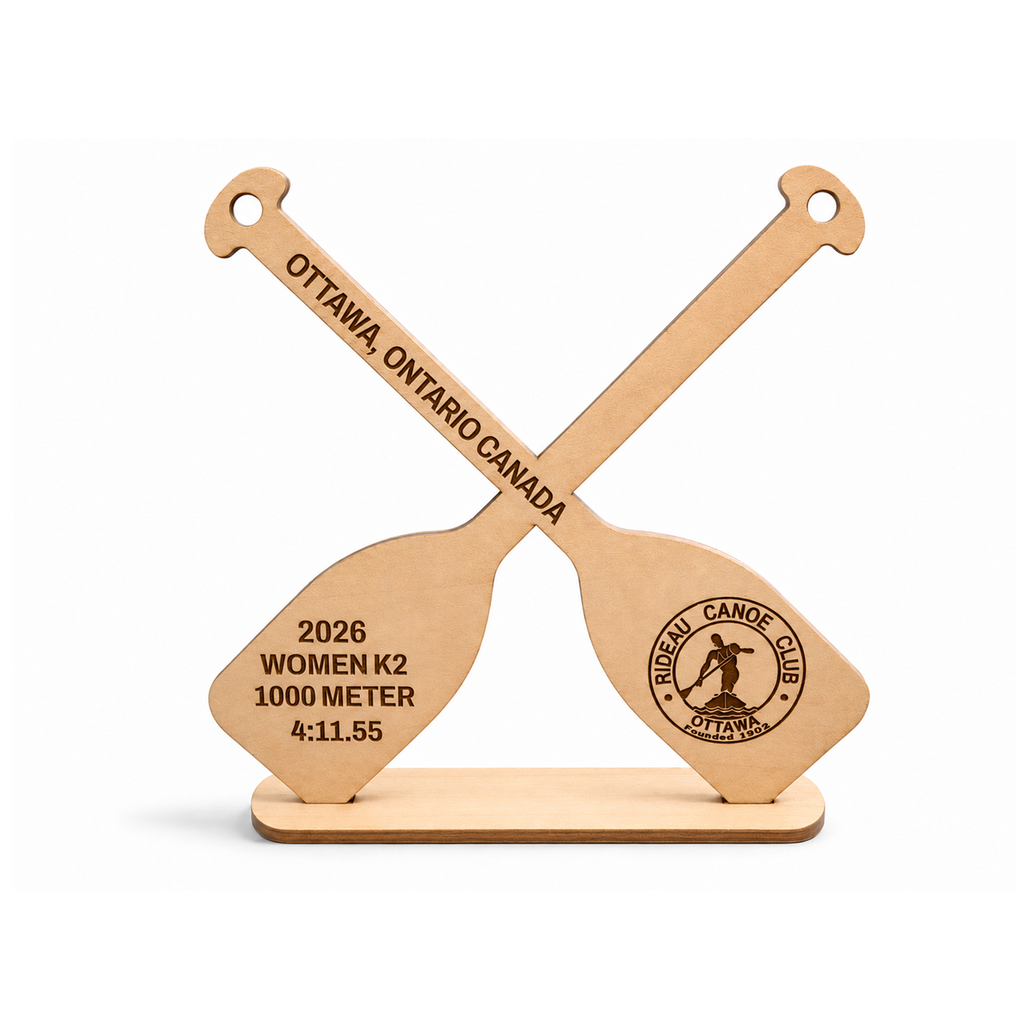 RIDEAU CANOE - Personalized Wooden Crossed Paddle Award with Slotted Stand
