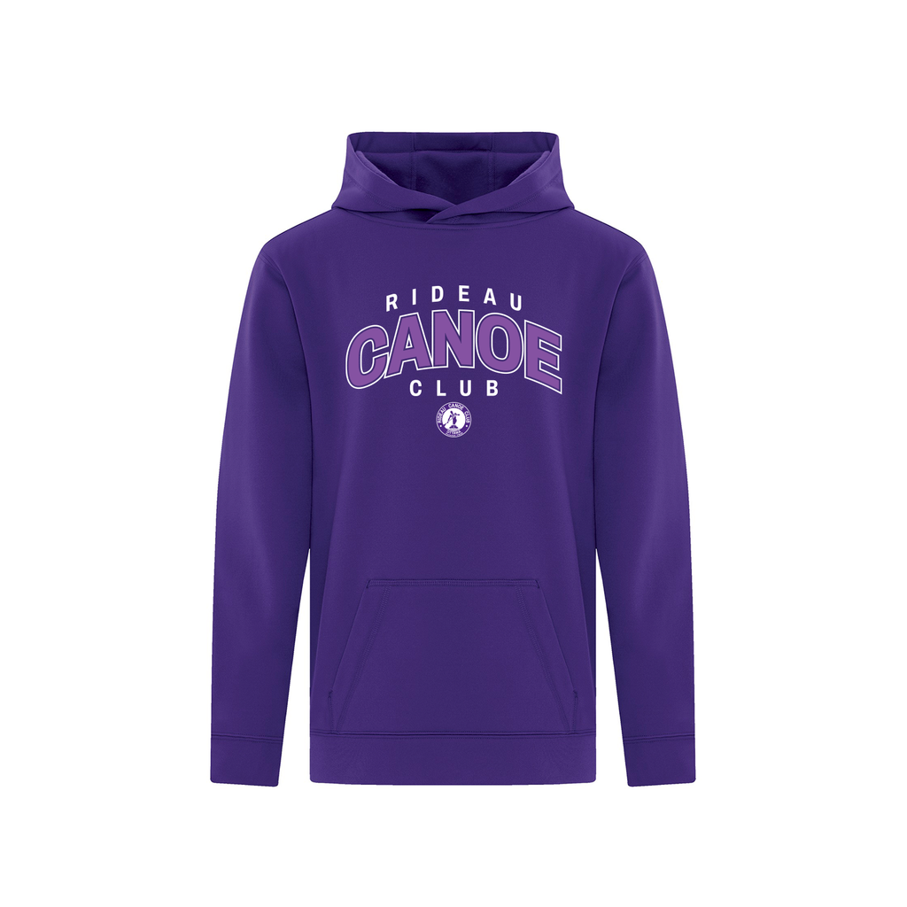 Purple hoodie with 'Rideau Canoe Club' text on a white background