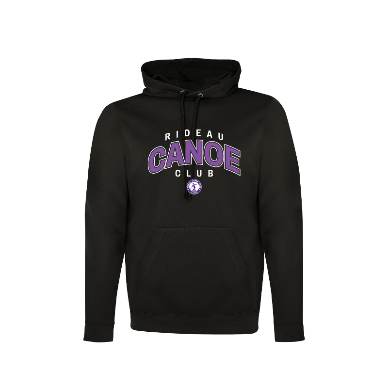 Black hoodie with 'Rideau Canoe Club' text and logo on a white background