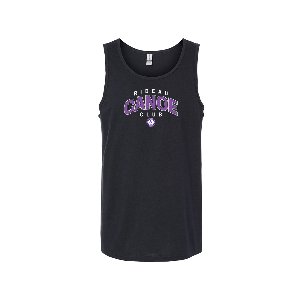 Black unisex tank top with 'Rideau Canoe Club' text and logo on a white background
