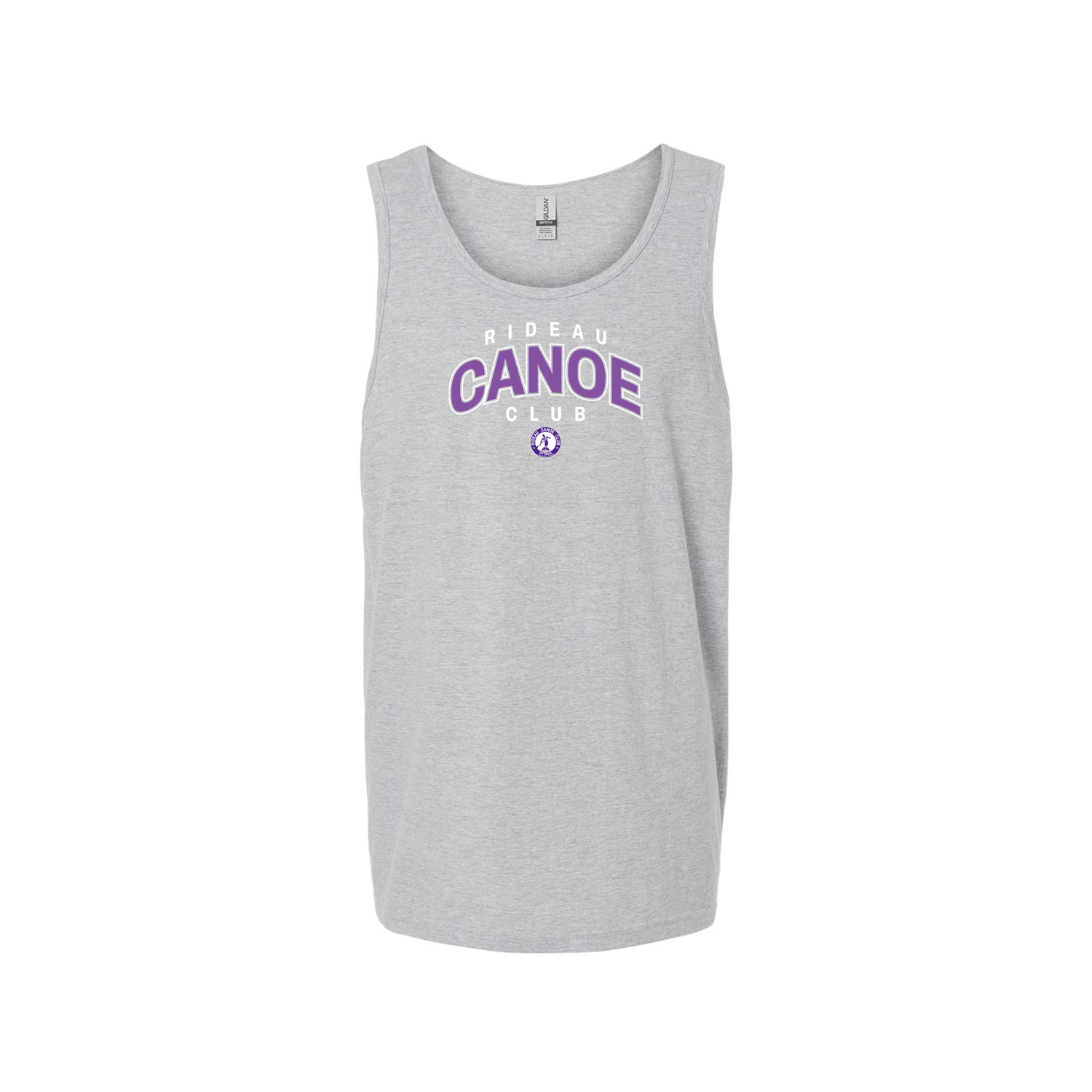 Gray unisex tank top with purple RCC text on a white background