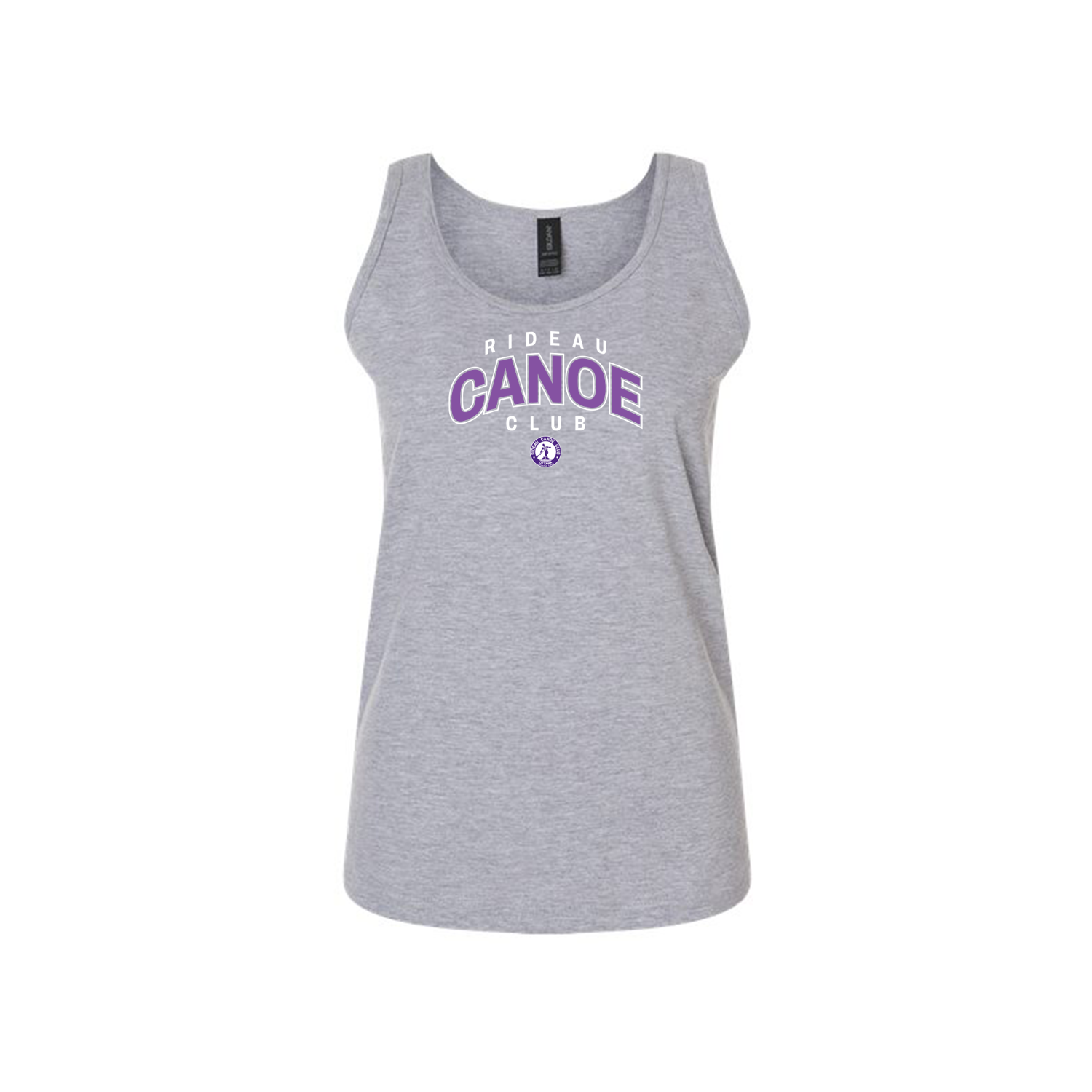 Gray tank top with purple RCC text on a white background