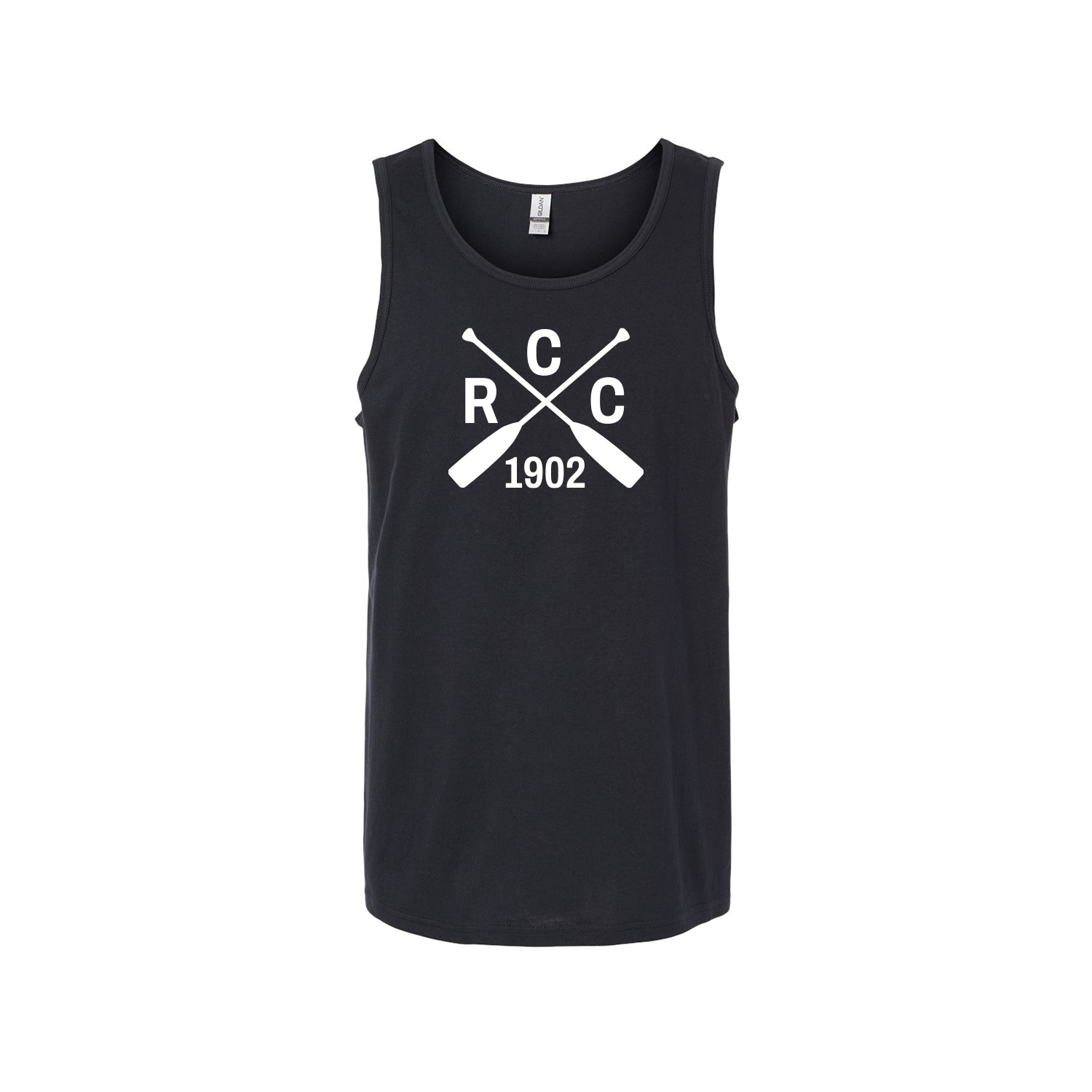 Black tank top with white RCC logo on a white background