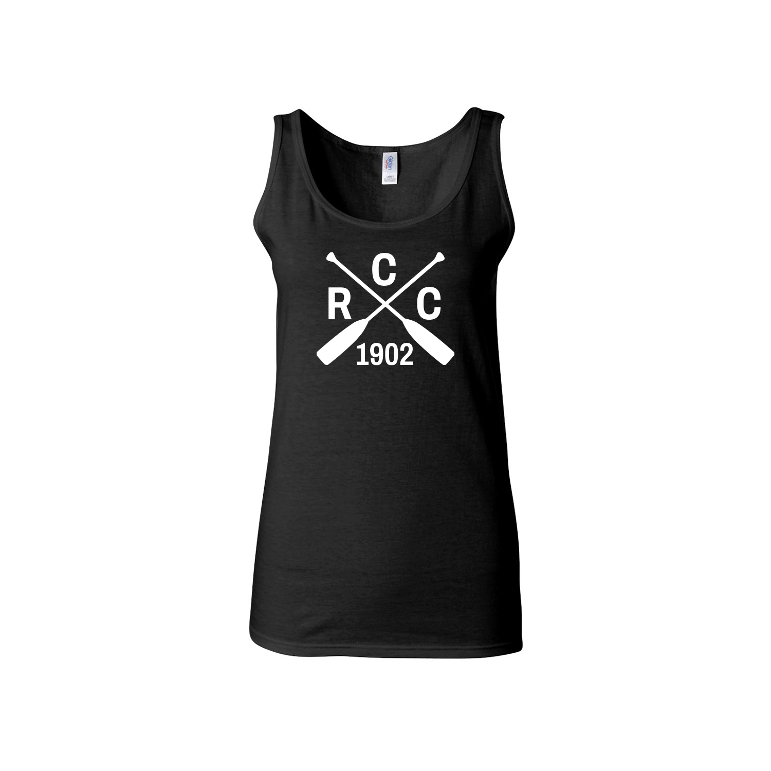 Black tank top with white logo on a white background