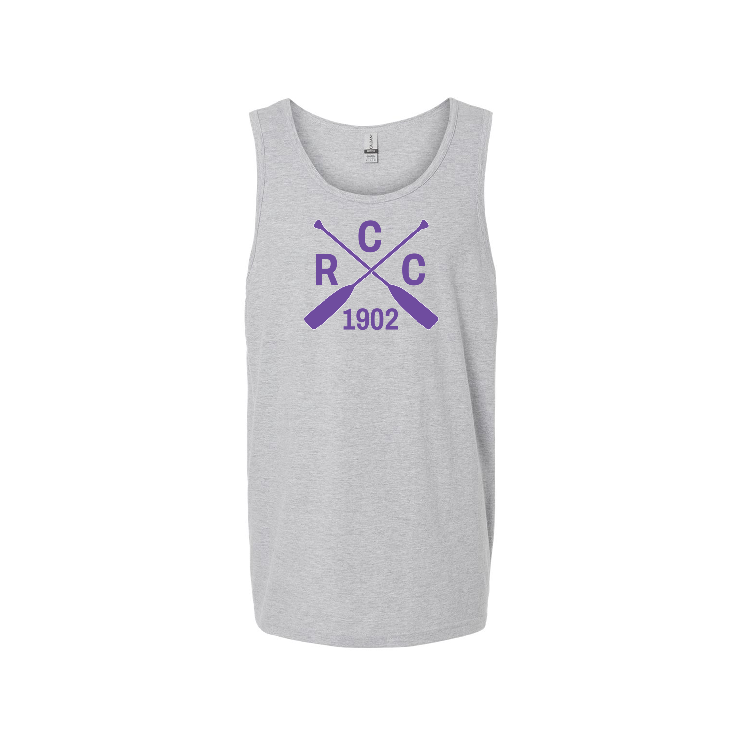Gray tank top with purple RCC logo on a white background