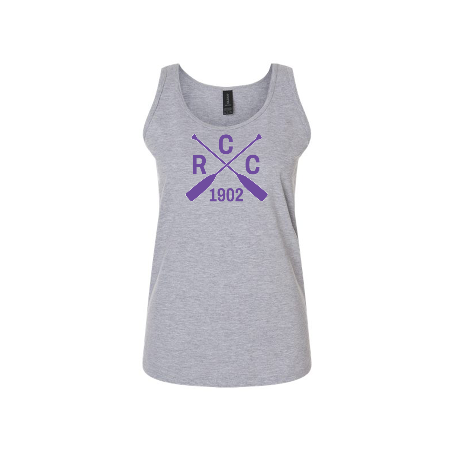 Gray tank top with purple RCC logo on a white background