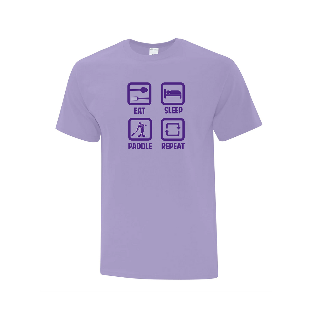 Purple t-shirt with paddle sports-themed design on a white background