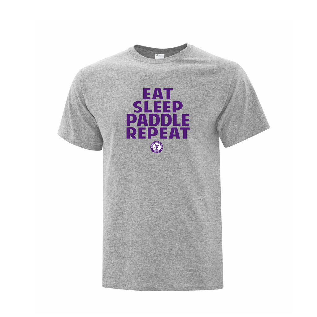 Gray t-shirt with 'Eat Sleep Paddle Repeat' text and logo on a white background