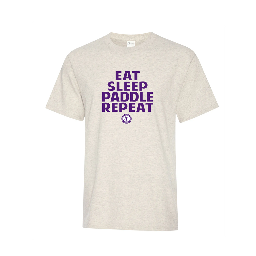 Beige t-shirt with purple text 'Eat Sleep Paddle Repeat' on a white background