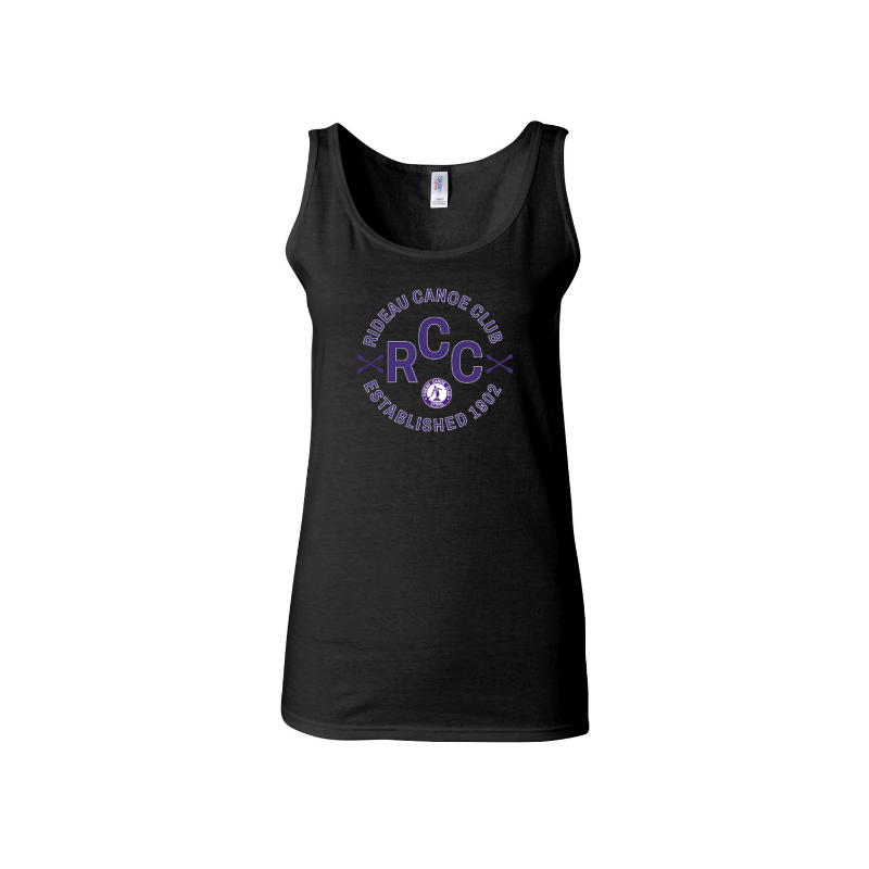 Black ladies tank top with purple RCC logo on a white background