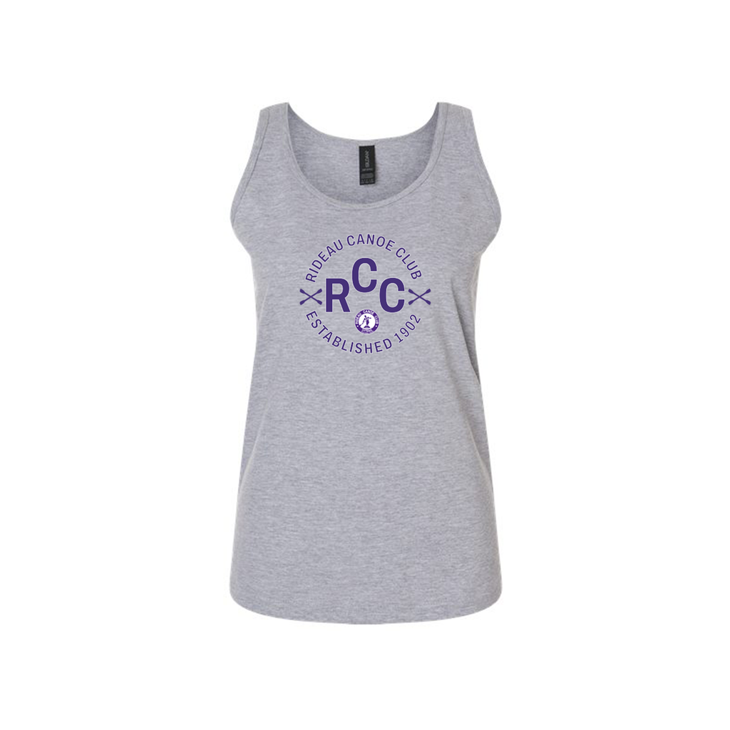 Gray ladies tank top with RCC logo on a white background