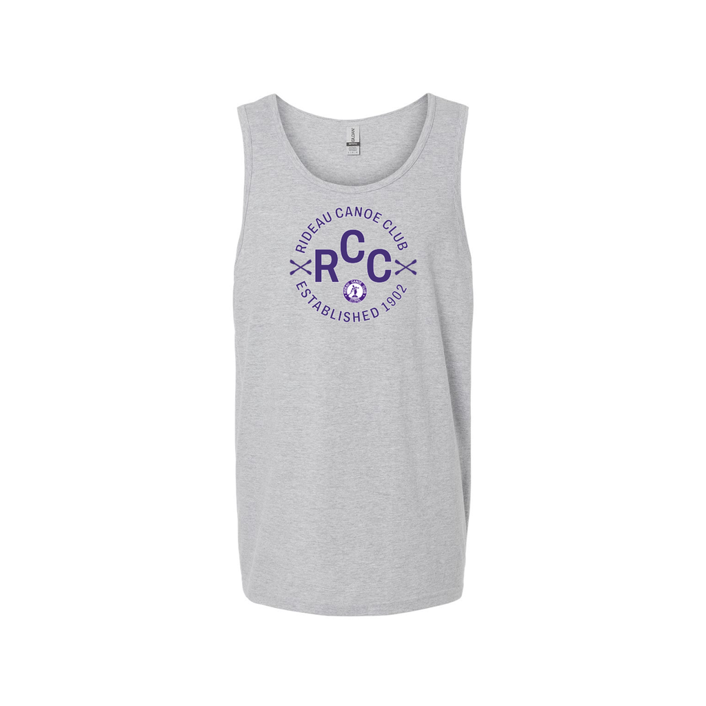Gray unisex tank top with purple RCC logo on a white background