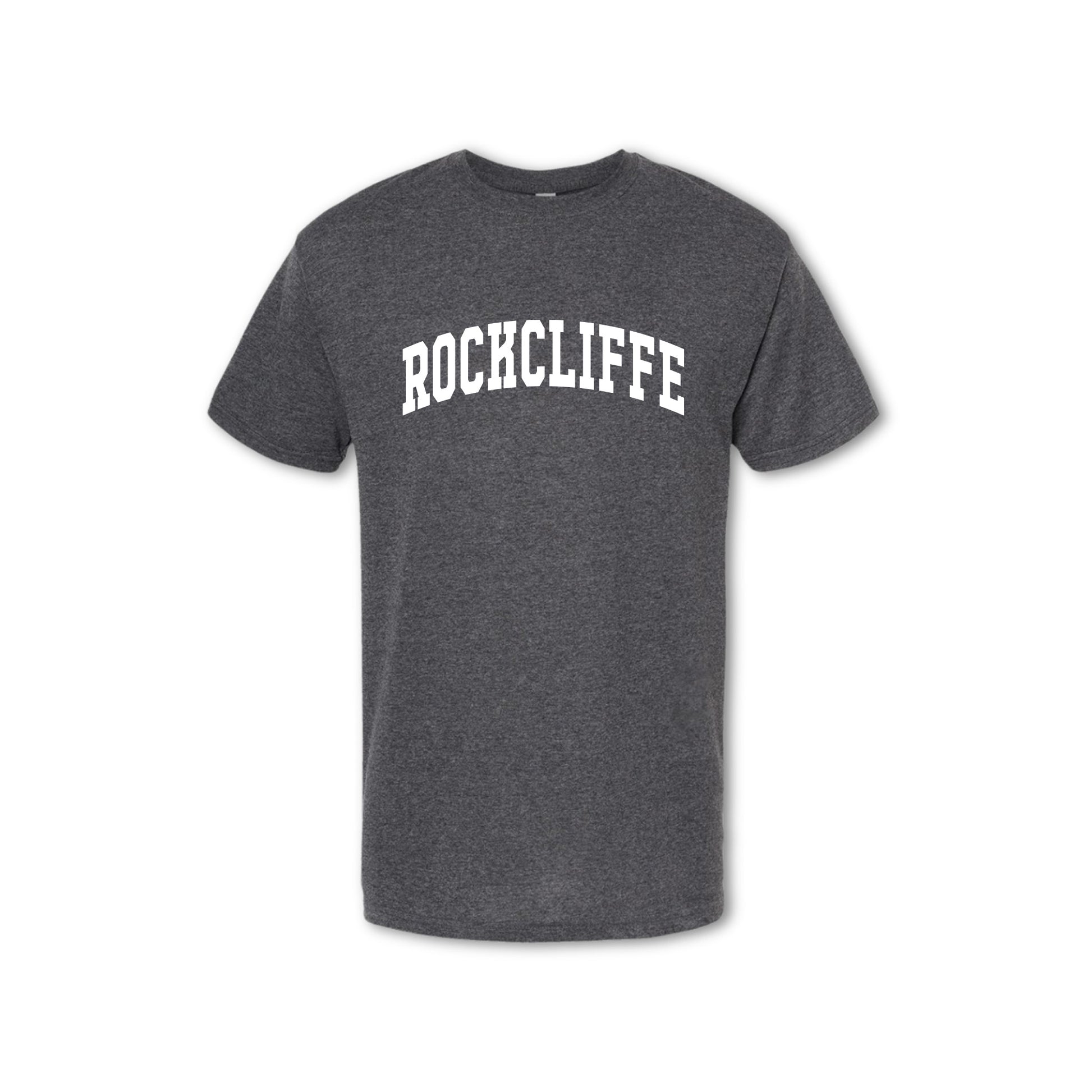 Gray t-shirt with 'ROCKCLIFFE' text on a white background