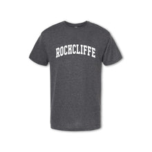 Load image into Gallery viewer, Gray t-shirt with &#39;ROCKCLIFFE&#39; text on a white background
