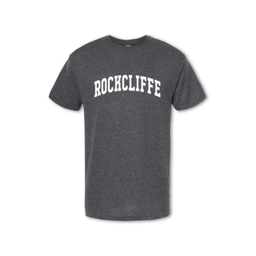 Gray t-shirt with 'ROCKCLIFFE' text on a white background