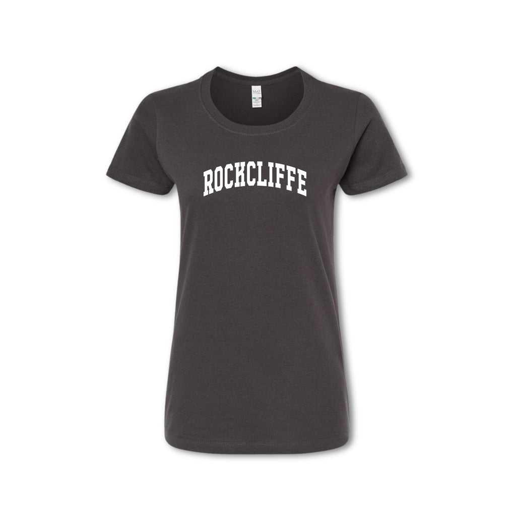 Black t-shirt with 'ROCKCLIFFE' text on a white background
