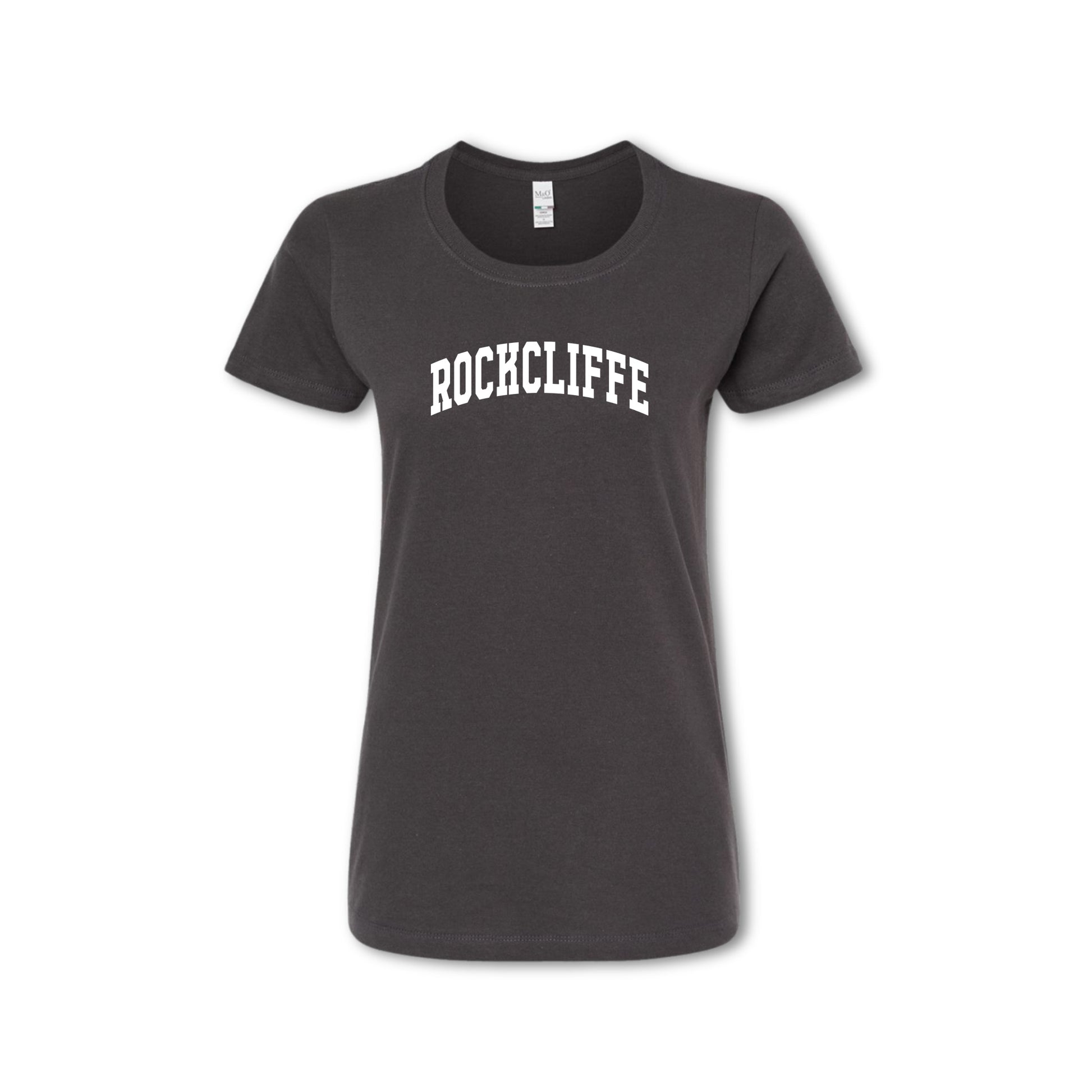 Black t-shirt with 'ROCKCLIFFE' text on a white background