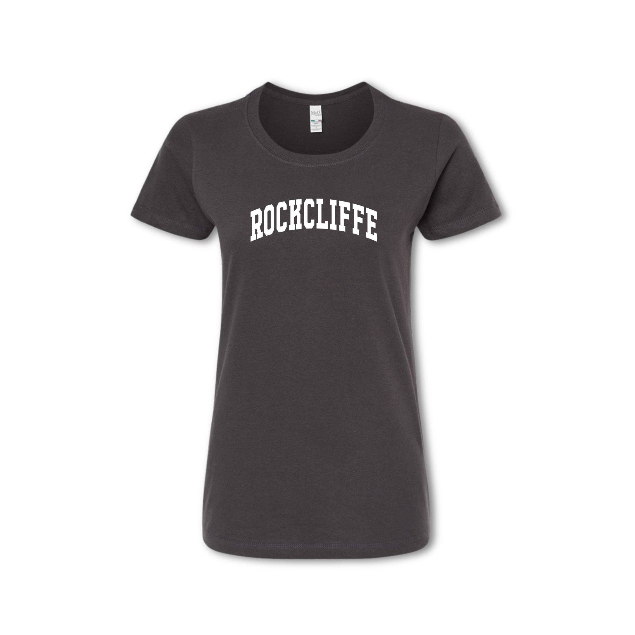 Black t-shirt with 'ROCKCLIFFE' text on a white background