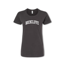 Load image into Gallery viewer, Black t-shirt with &#39;ROCKCLIFFE&#39; text on a white background
