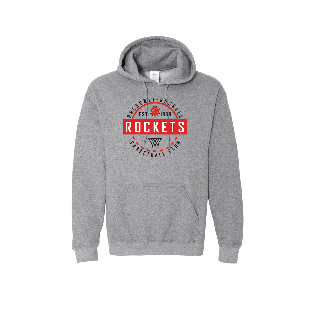 A heather grey pullover hoodie with a white and black circular graphic on the front that reads 'PRESCOTT RUSSELL BASKETBALL CLUB' with 'EST. 1998' shown on a plain white background.