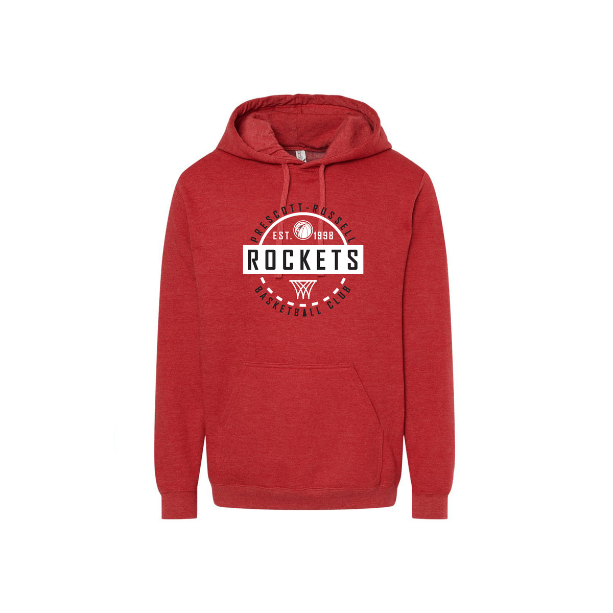 A heather red pullover hoodie with a white and black circular graphic on the front that reads 'PRESCOTT RUSSELL BASKETBALL CLUB' with 'EST. 1998' shown on a plain white background.