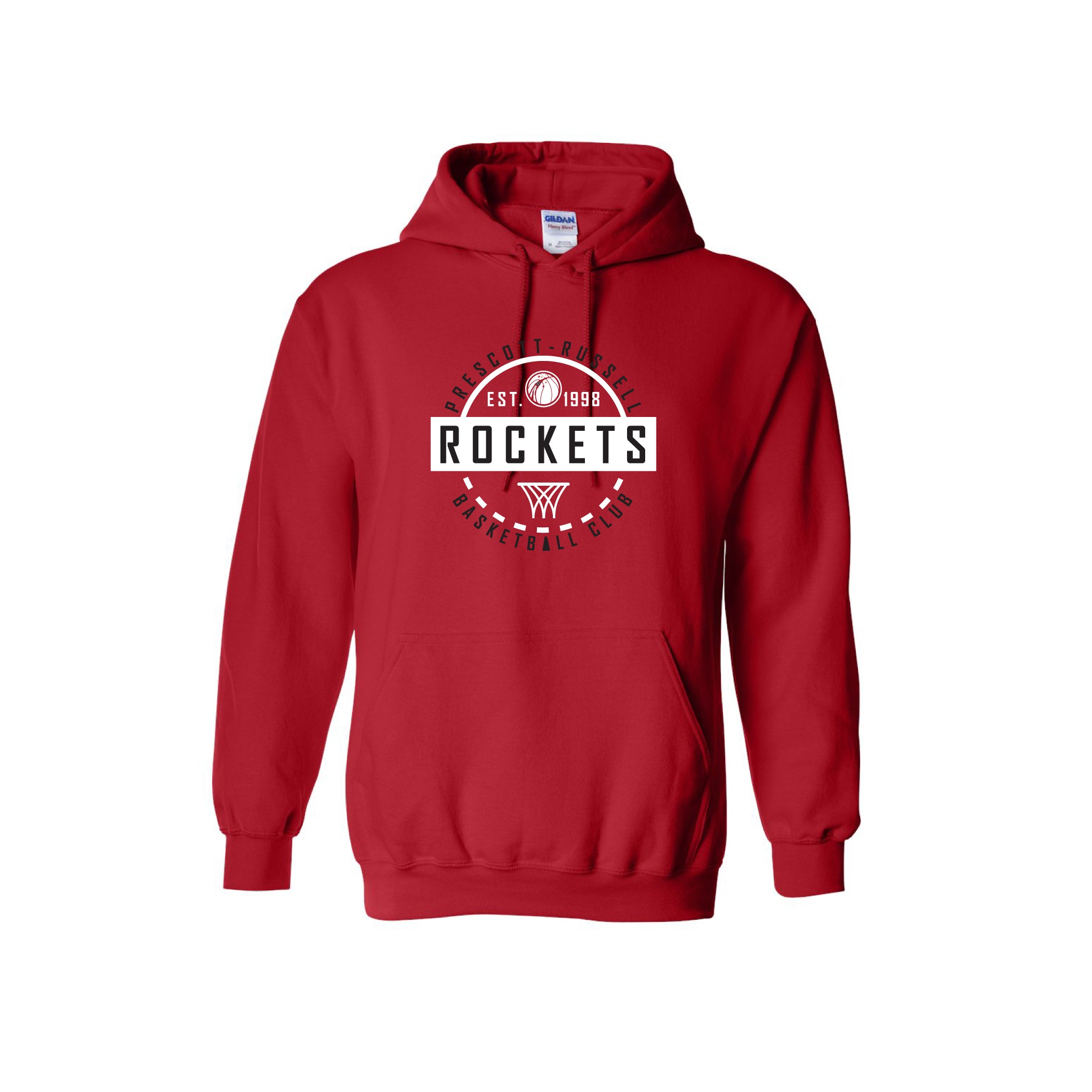 A red pullover hoodie with a white and black circular graphic on the front that reads 'PRESCOTT RUSSELL BASKETBALL CLUB' with 'EST. 1998' shown on a plain white background.