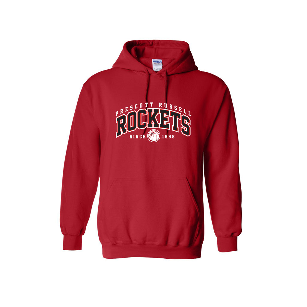 A red pullover hoodie featuring a white and black 'Prescott Russell Rockets Since 1998' graphic on the chest, displayed against a solid white background.