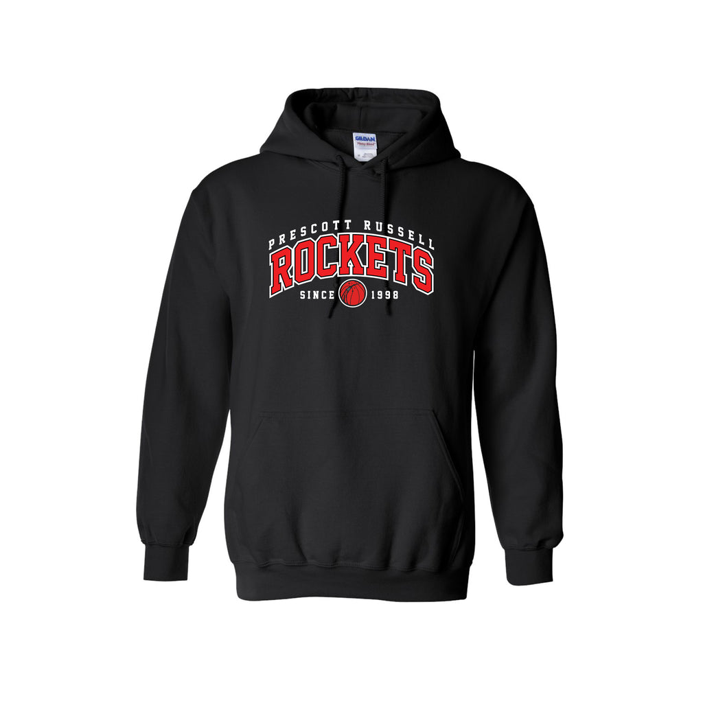 A black pullover hoodie featuring a white and black 'Prescott Russell Rockets Since 1998' graphic on the chest, displayed against a solid white background.