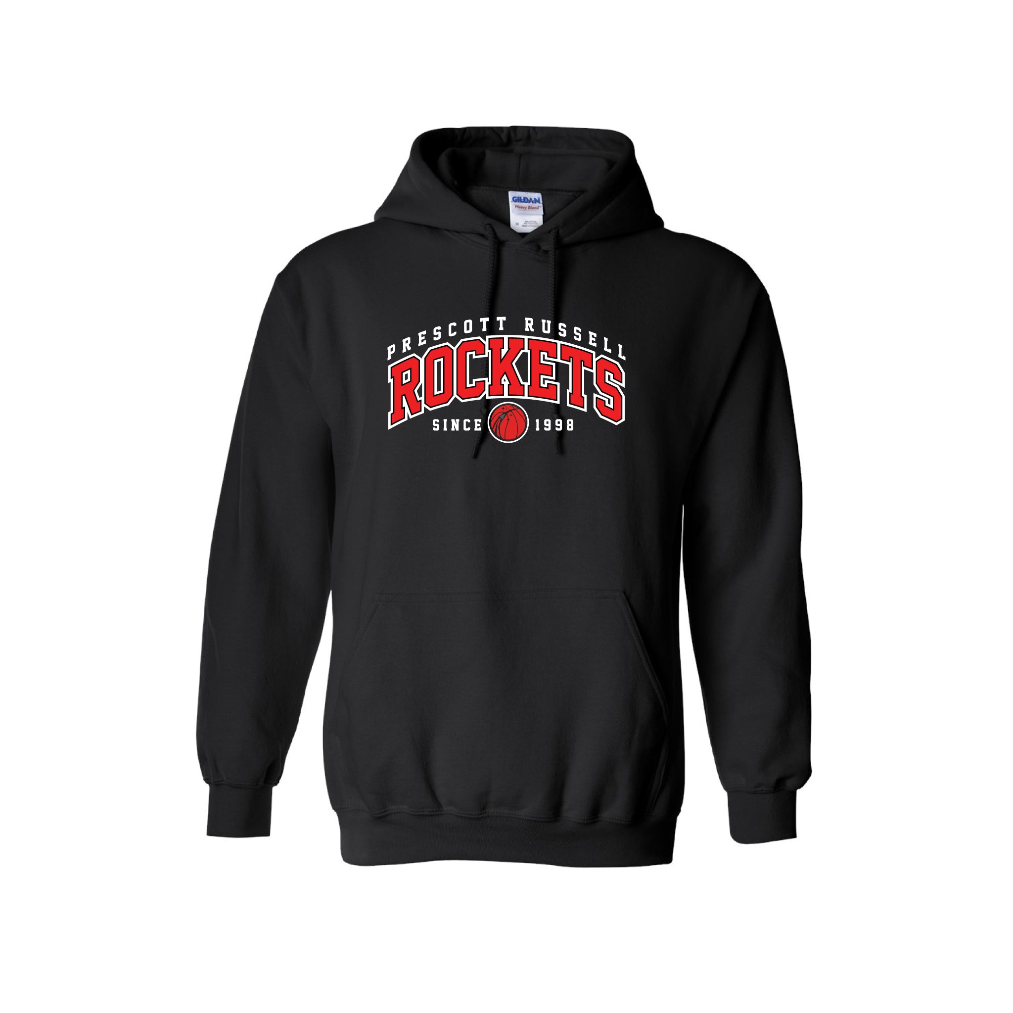 A black pullover hoodie featuring a white and black 'Prescott Russell Rockets Since 1998' graphic on the chest, displayed against a solid white background.