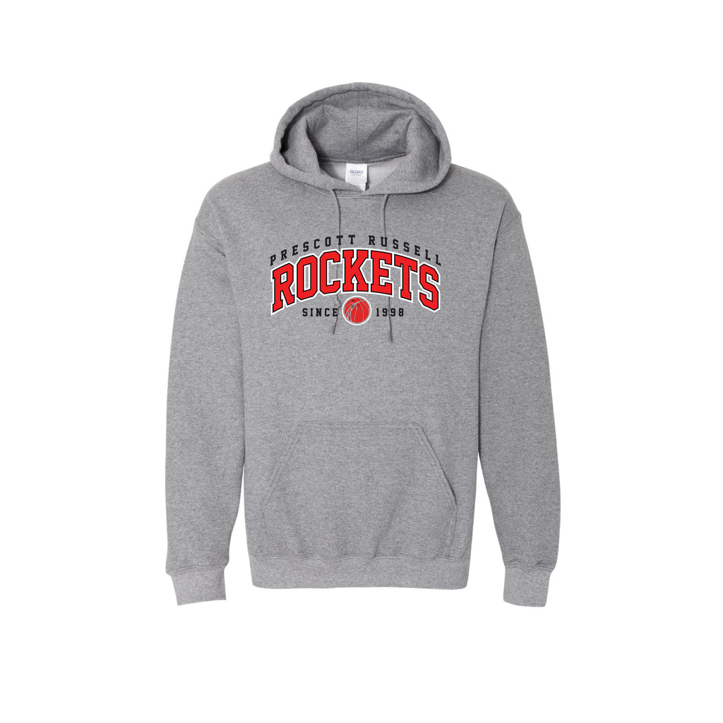 A heather grey pullover hoodie featuring a white and black 'Prescott Russell Rockets Since 1998' graphic on the chest, displayed against a solid white background.