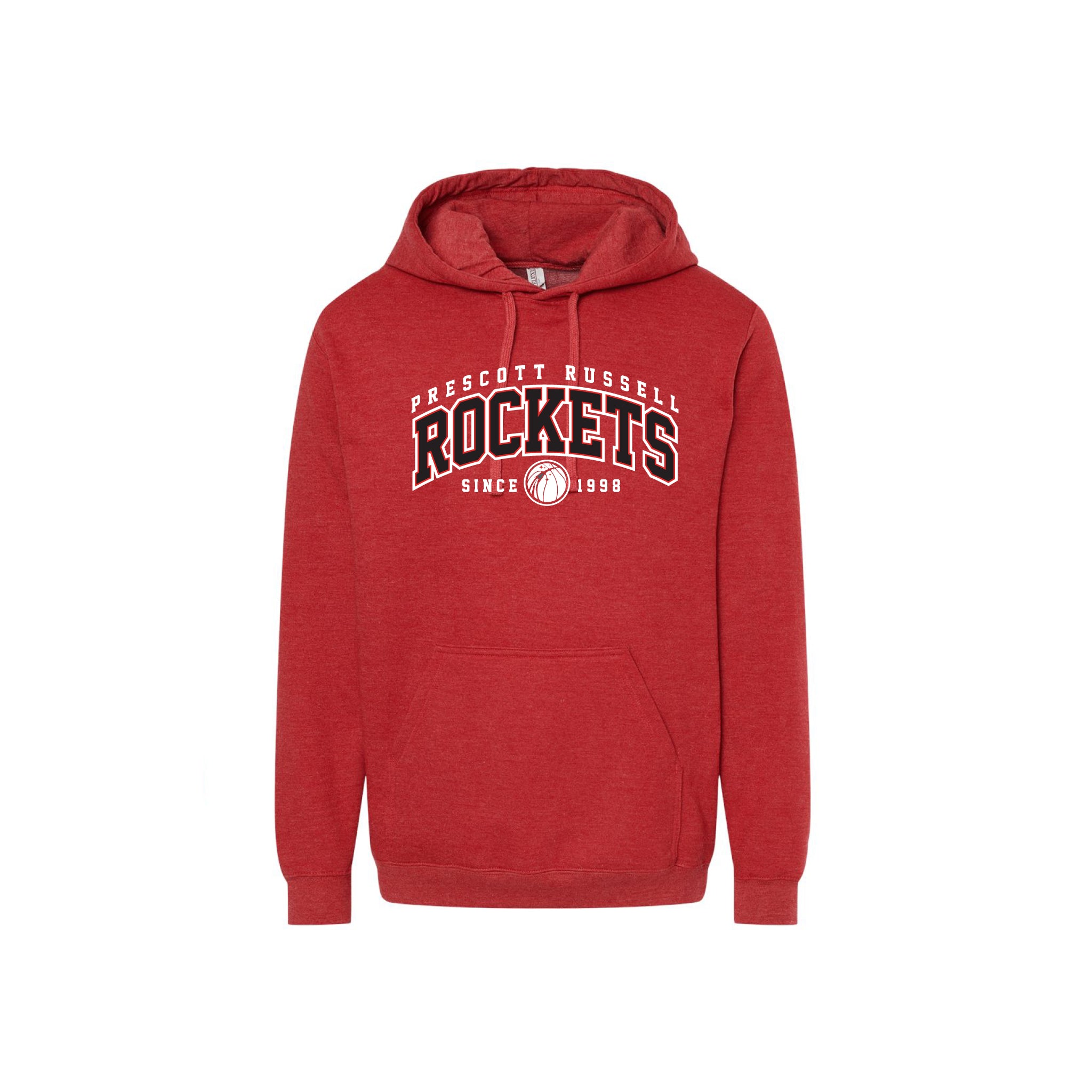 A heather red pullover hoodie featuring a white and black 'Prescott Russell Rockets Since 1998' graphic on the chest, displayed against a solid white background.