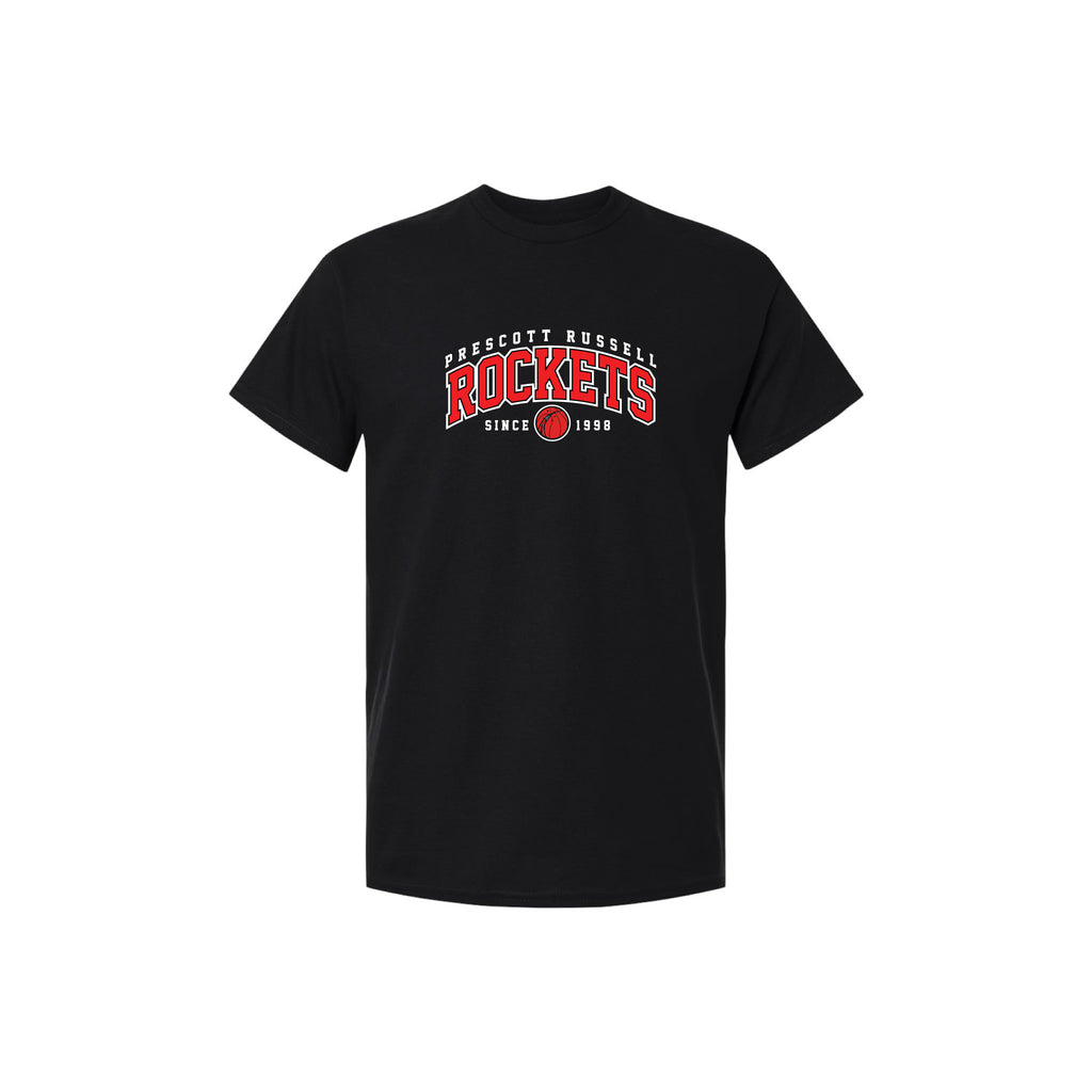 A black short-sleeve crewneck t-shirt featuring a red and white graphic on the chest that reads 'PRESCOTT RUSSELL ROCKETS SINCE 1998' with a small red basketball logo, displayed on a solid white background.